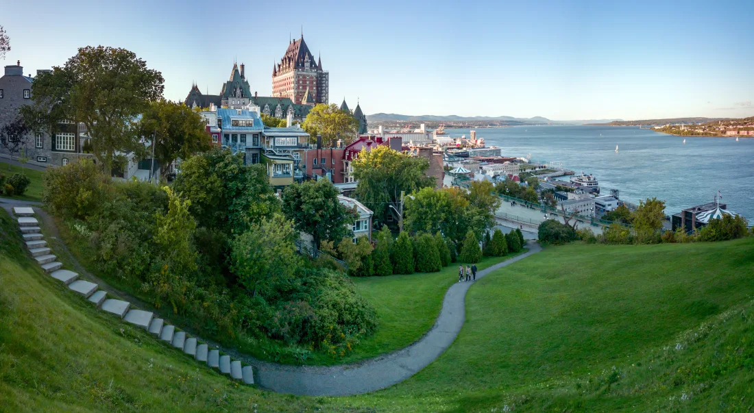 Old Québec, Château Frontenac and the St. Lawrence River seen from a park