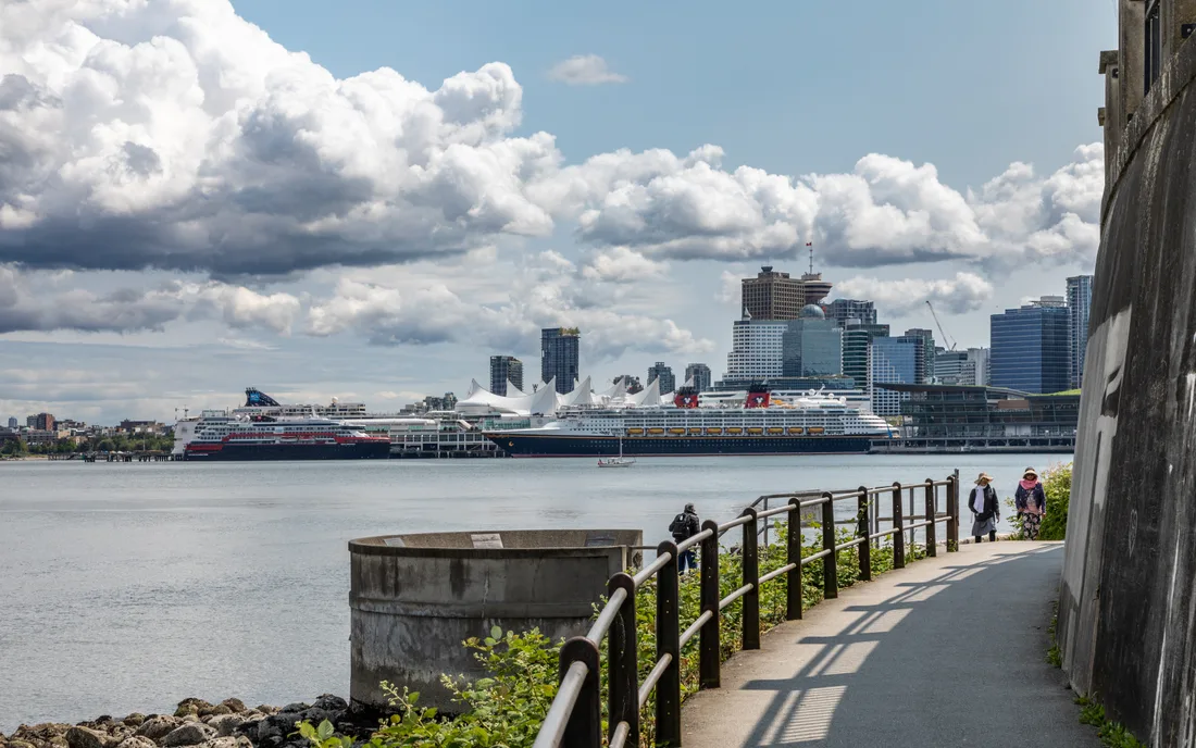 People walking on Vancouver’s Stanley Park Seawall Path beside the water